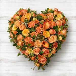 Cœur de fleurs de saison orange - coussin Cœur fleuri de deuil livraison