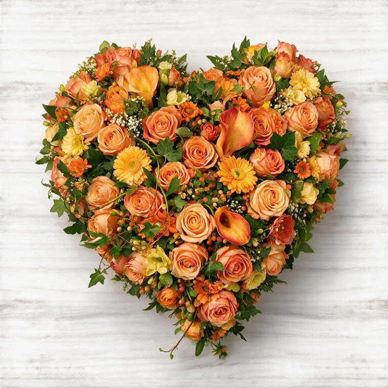 Cœur de fleurs de saison orange - coussin Cœur fleuri de deuil livraison