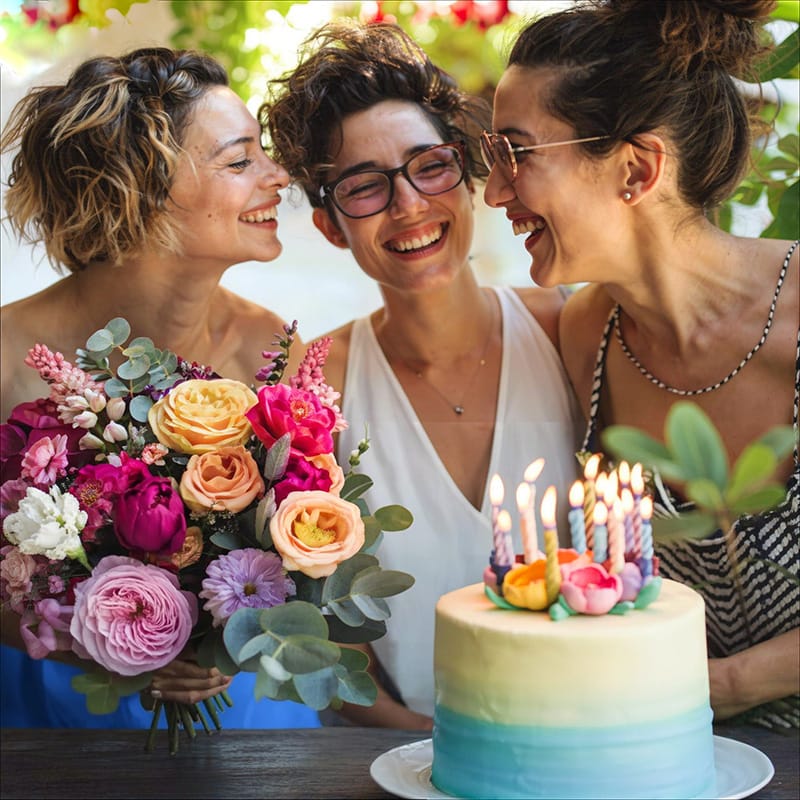fête d'anniversaire bouquet et gâteau